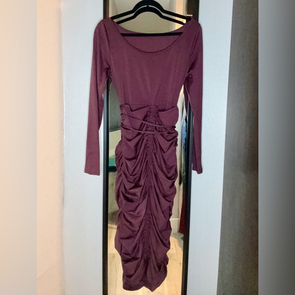 girlfriend collective Long Sleeve Ruched Midi Dress in Plum